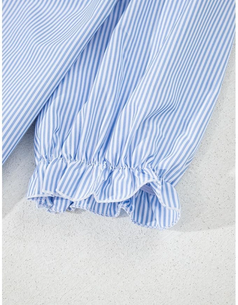 Sky Blue Stripe Ruffled Collar Puff Sleeve Half Buttons Blouse