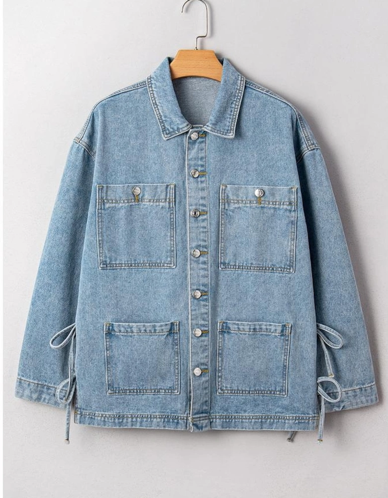Beau Blue Multi Patched Pockets Side Tie up Boyfriend Style Denim Jacket