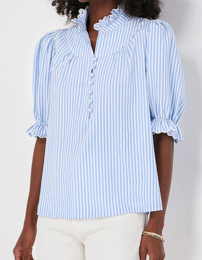 Sky Blue Stripe Ruffled Collar Puff Sleeve Half Buttons Blouse