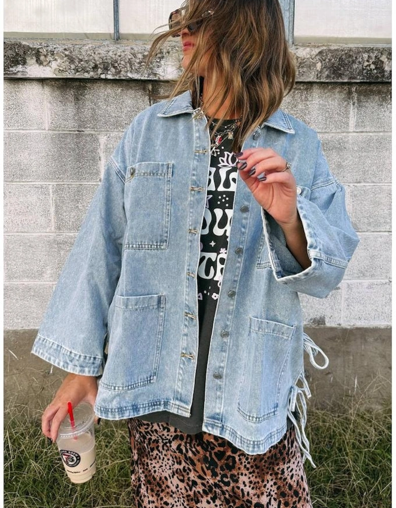 Beau Blue Multi Patched Pockets Side Tie up Boyfriend Style Denim Jacket