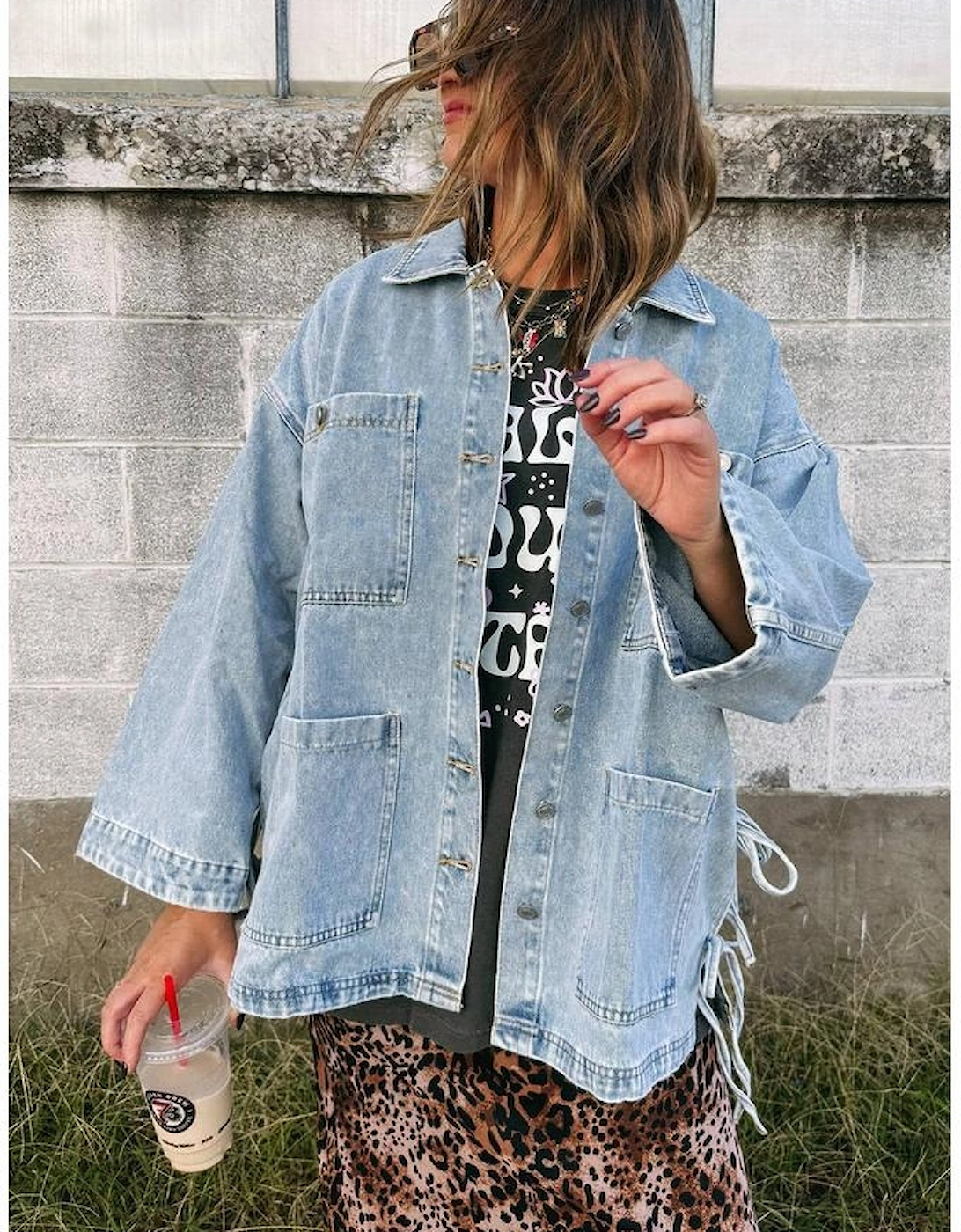 Beau Blue Multi Patched Pockets Side Tie up Boyfriend Style Denim Jacket