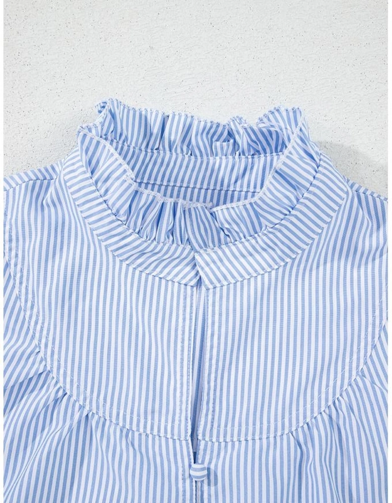 Sky Blue Stripe Ruffled Collar Puff Sleeve Half Buttons Blouse