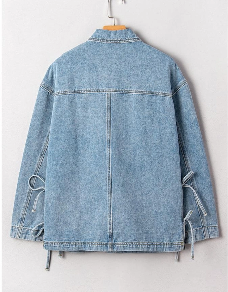 Beau Blue Multi Patched Pockets Side Tie up Boyfriend Style Denim Jacket