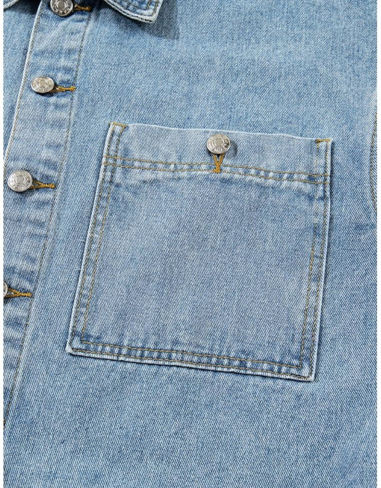 Beau Blue Multi Patched Pockets Side Tie up Boyfriend Style Denim Jacket