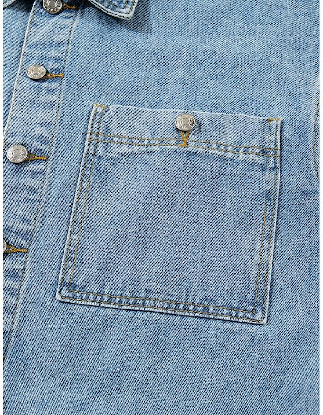 Beau Blue Multi Patched Pockets Side Tie up Boyfriend Style Denim Jacket