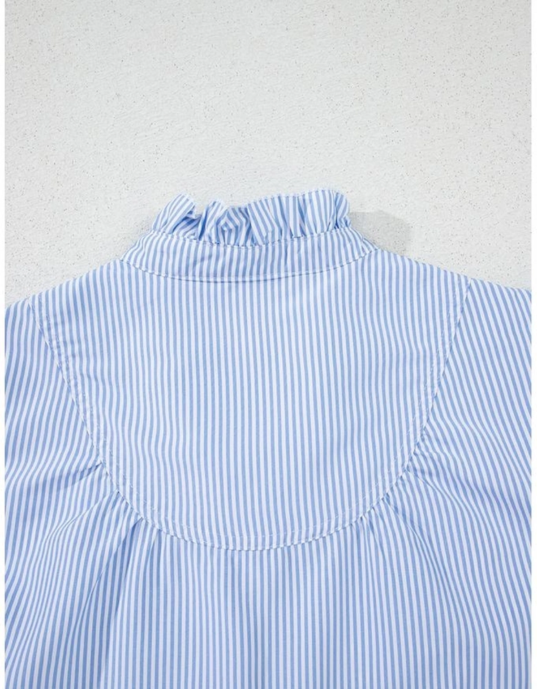Sky Blue Stripe Ruffled Collar Puff Sleeve Half Buttons Blouse