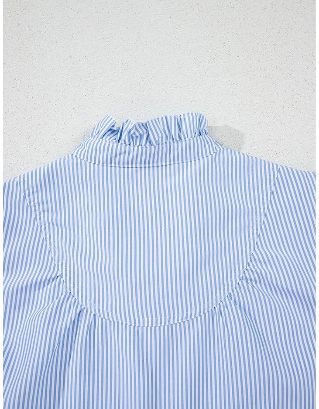 Sky Blue Stripe Ruffled Collar Puff Sleeve Half Buttons Blouse