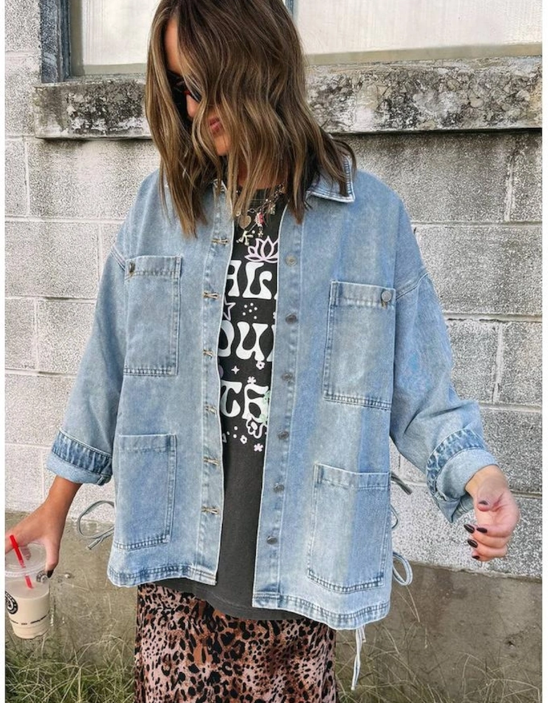 Beau Blue Multi Patched Pockets Side Tie up Boyfriend Style Denim Jacket