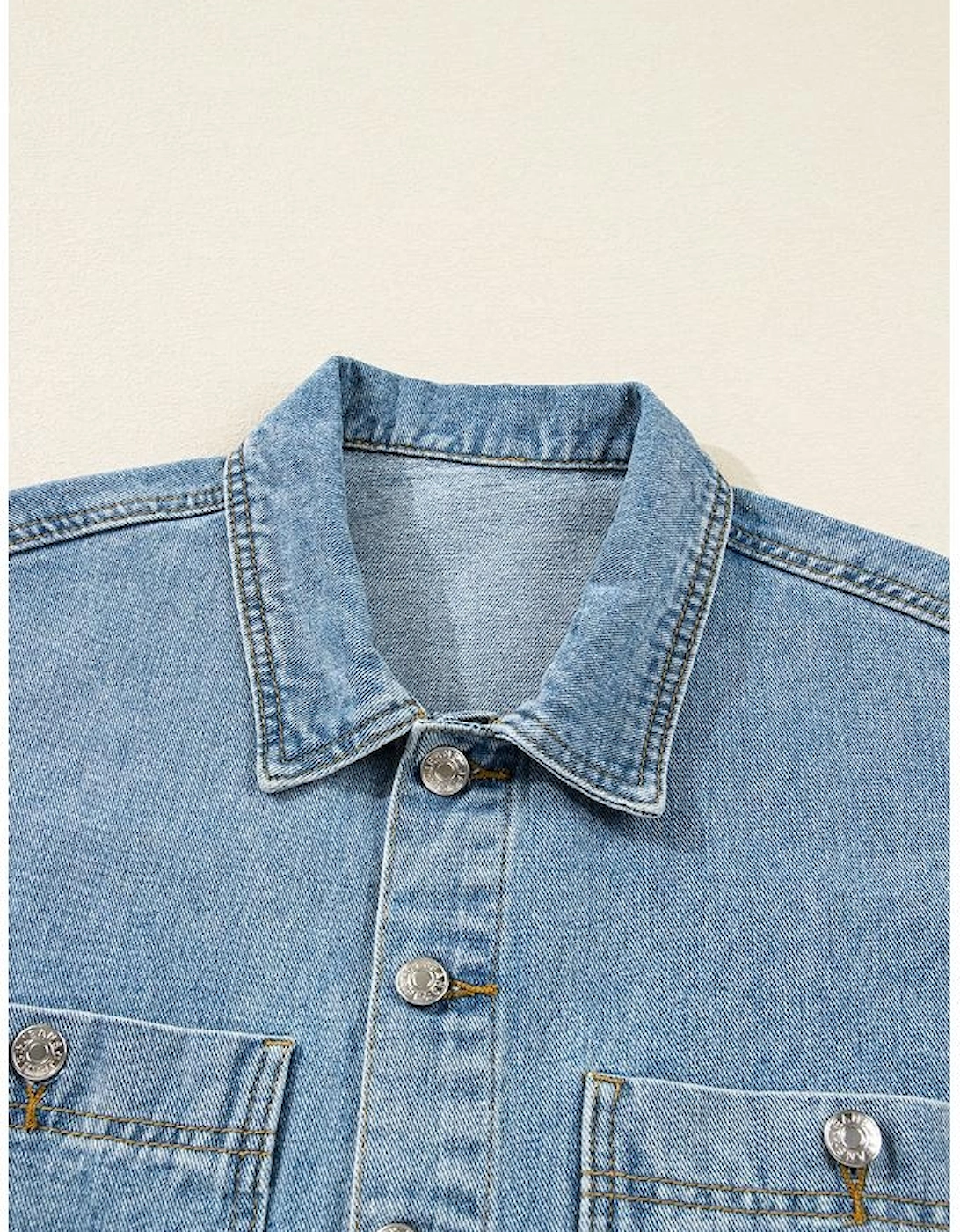 Beau Blue Multi Patched Pockets Side Tie up Boyfriend Style Denim Jacket