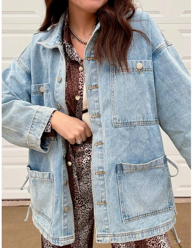 Beau Blue Multi Patched Pockets Side Tie up Boyfriend Style Denim Jacket
