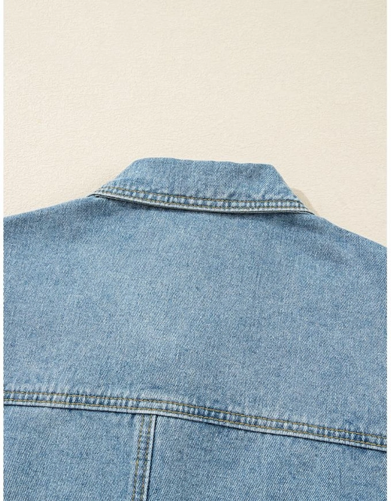 Beau Blue Multi Patched Pockets Side Tie up Boyfriend Style Denim Jacket