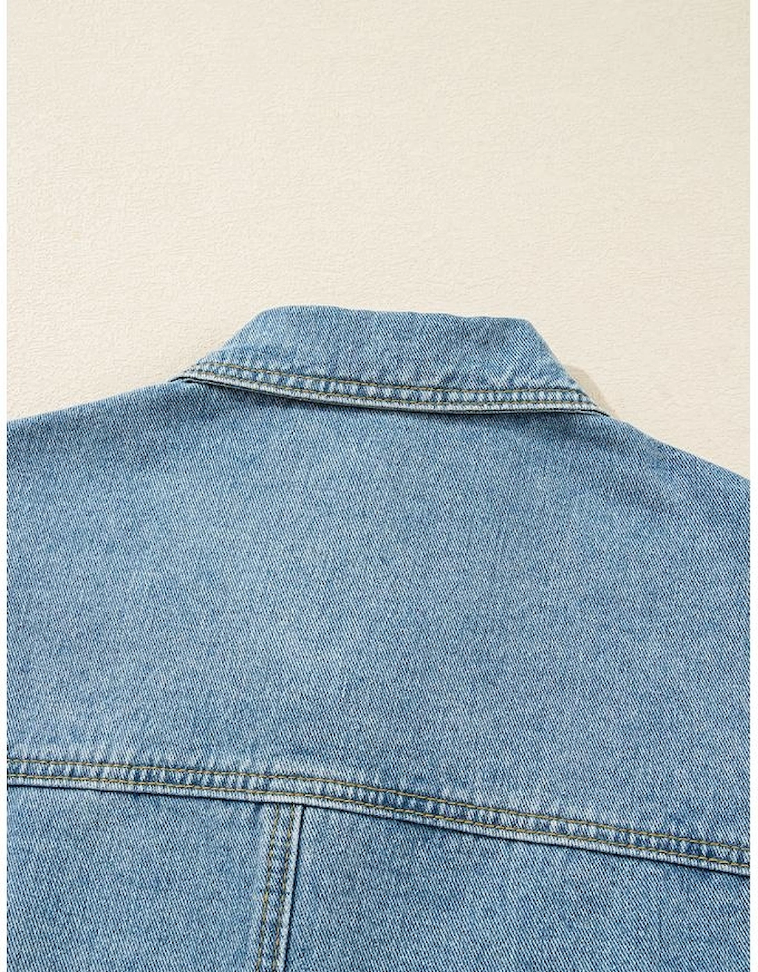 Beau Blue Multi Patched Pockets Side Tie up Boyfriend Style Denim Jacket
