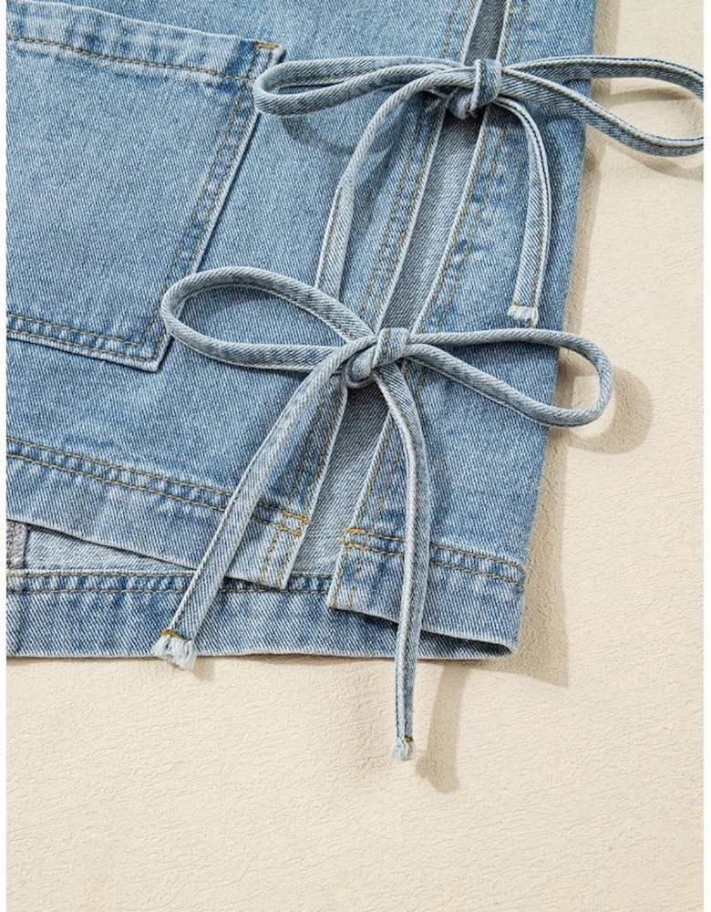 Beau Blue Multi Patched Pockets Side Tie up Boyfriend Style Denim Jacket