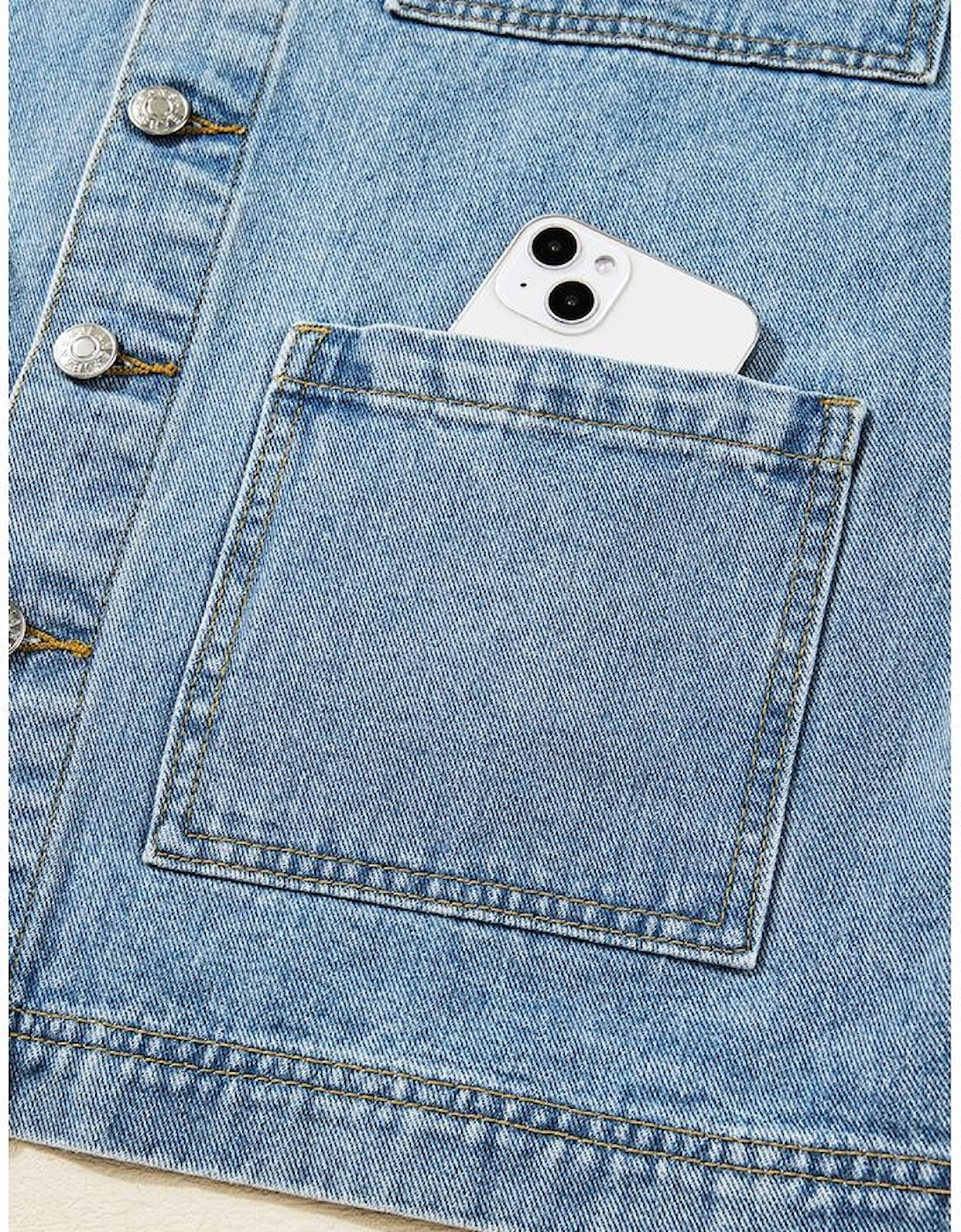 Beau Blue Multi Patched Pockets Side Tie up Boyfriend Style Denim Jacket