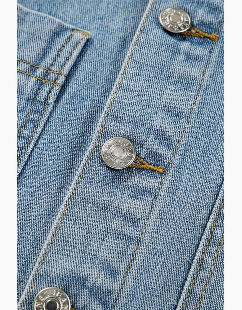 Beau Blue Multi Patched Pockets Side Tie up Boyfriend Style Denim Jacket