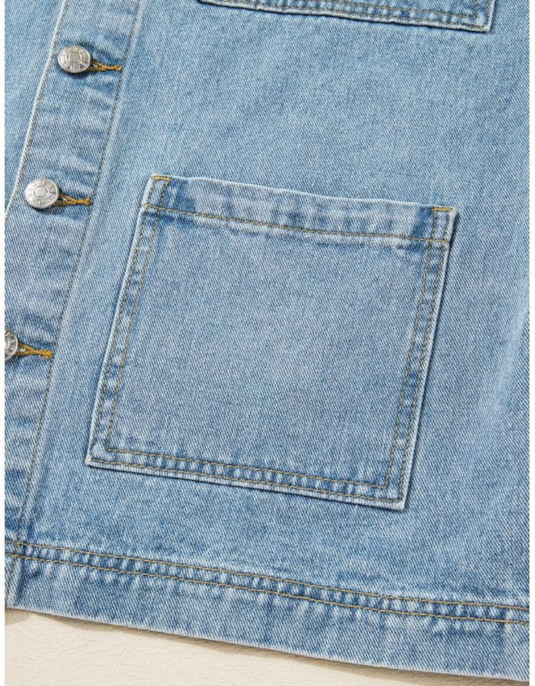Beau Blue Multi Patched Pockets Side Tie up Boyfriend Style Denim Jacket