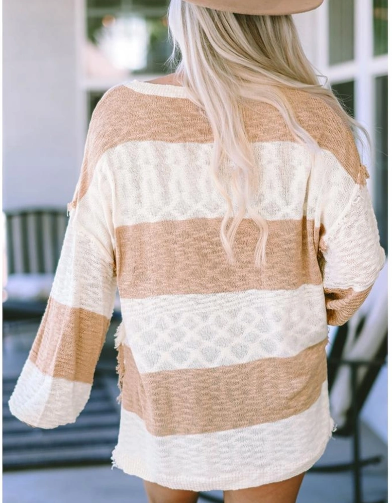 Khaki Oversized Colorblock Frayed High Low Henley Sweater