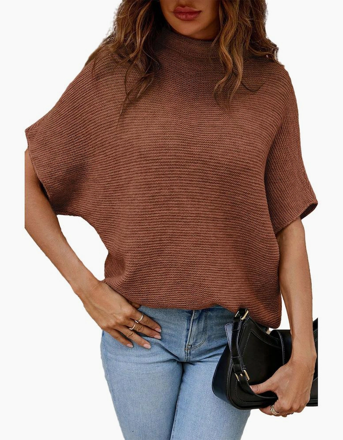 Coffee High Neck Short Bat Sleeve Sweater