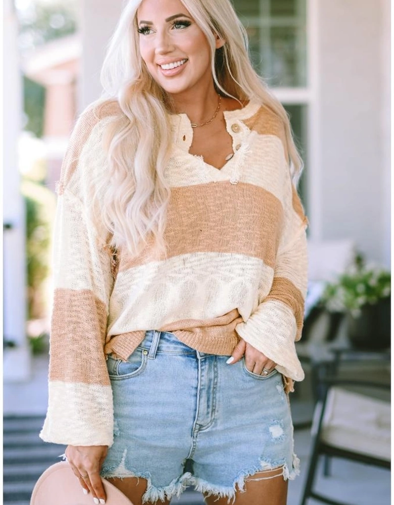 Khaki Oversized Colorblock Frayed High Low Henley Sweater