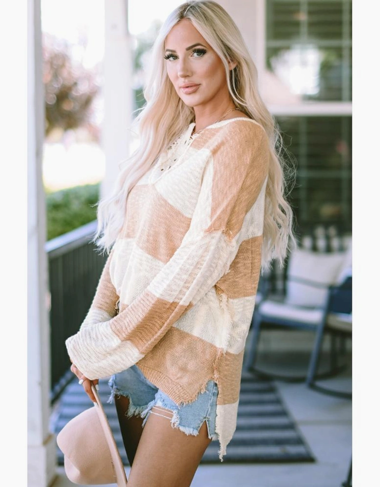 Khaki Oversized Colorblock Frayed High Low Henley Sweater