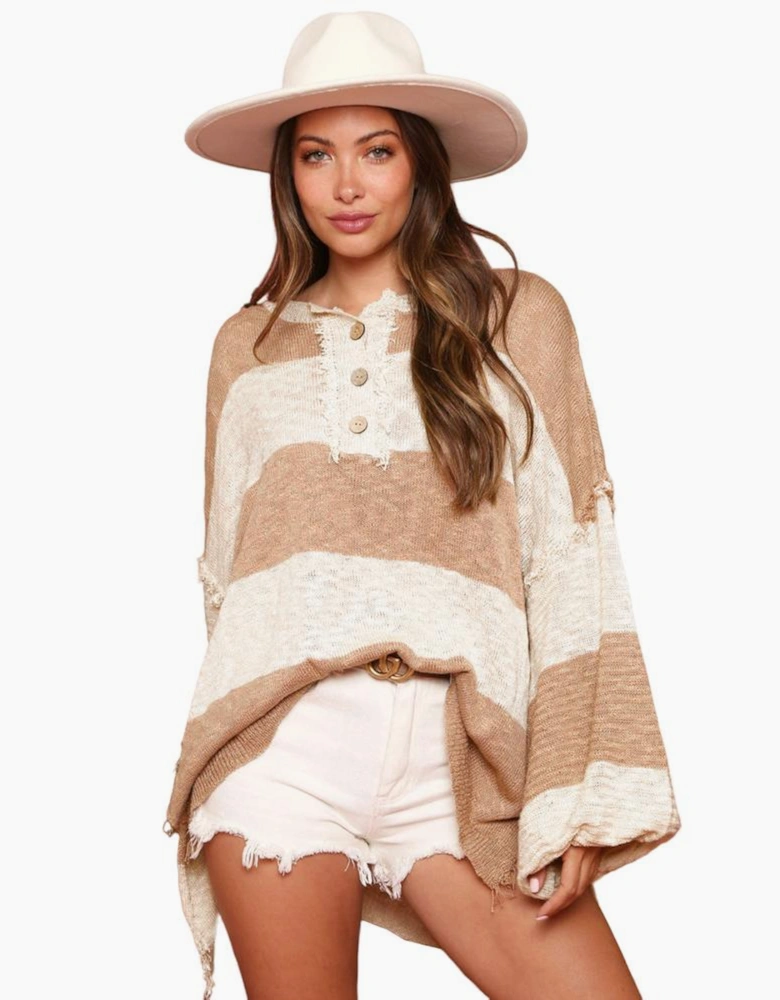 Khaki Oversized Colorblock Frayed High Low Henley Sweater