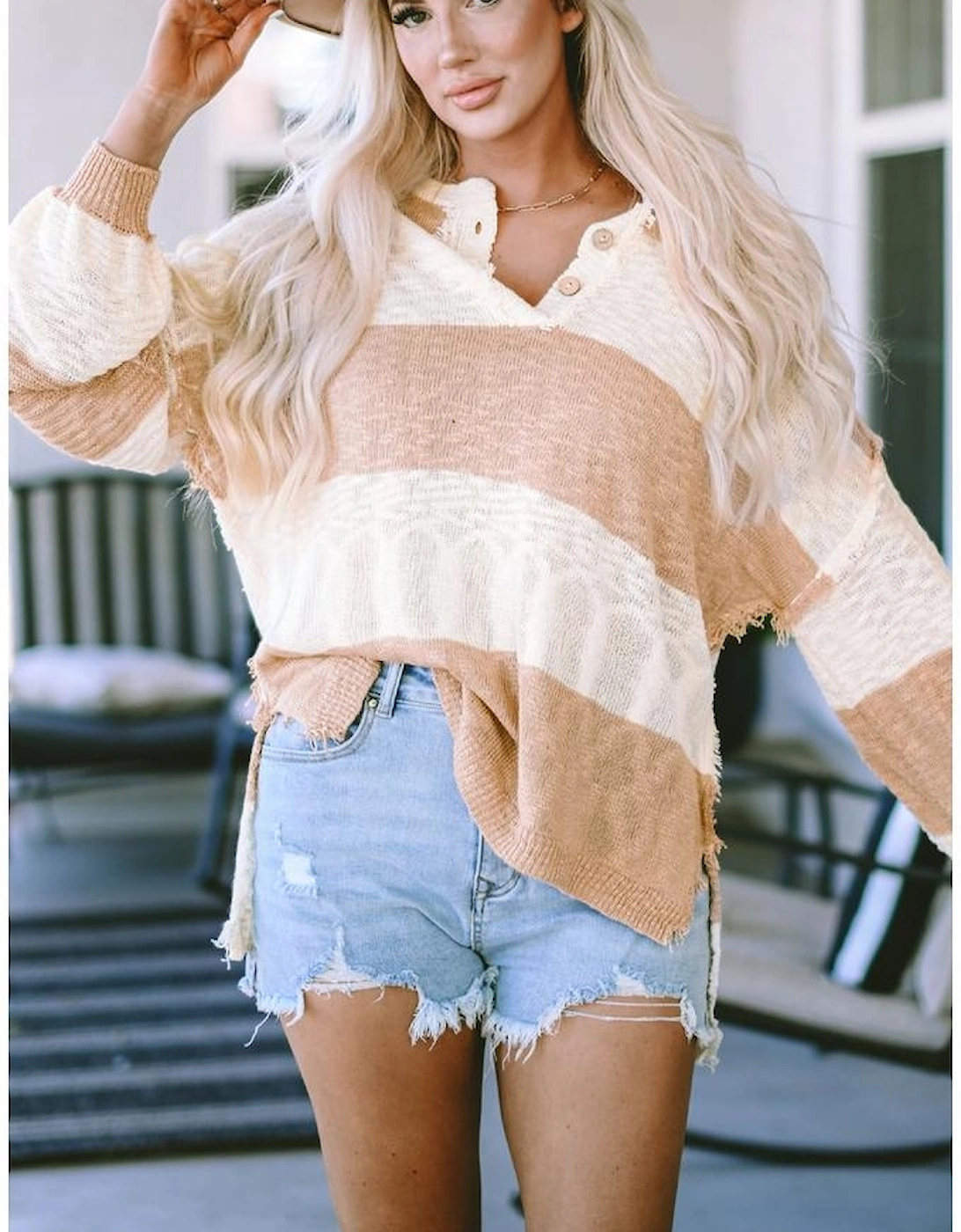 Khaki Oversized Colorblock Frayed High Low Henley Sweater