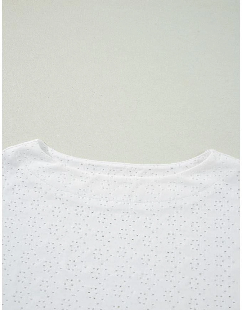 White Eyelet Pattern Boat Neck Casual Tee