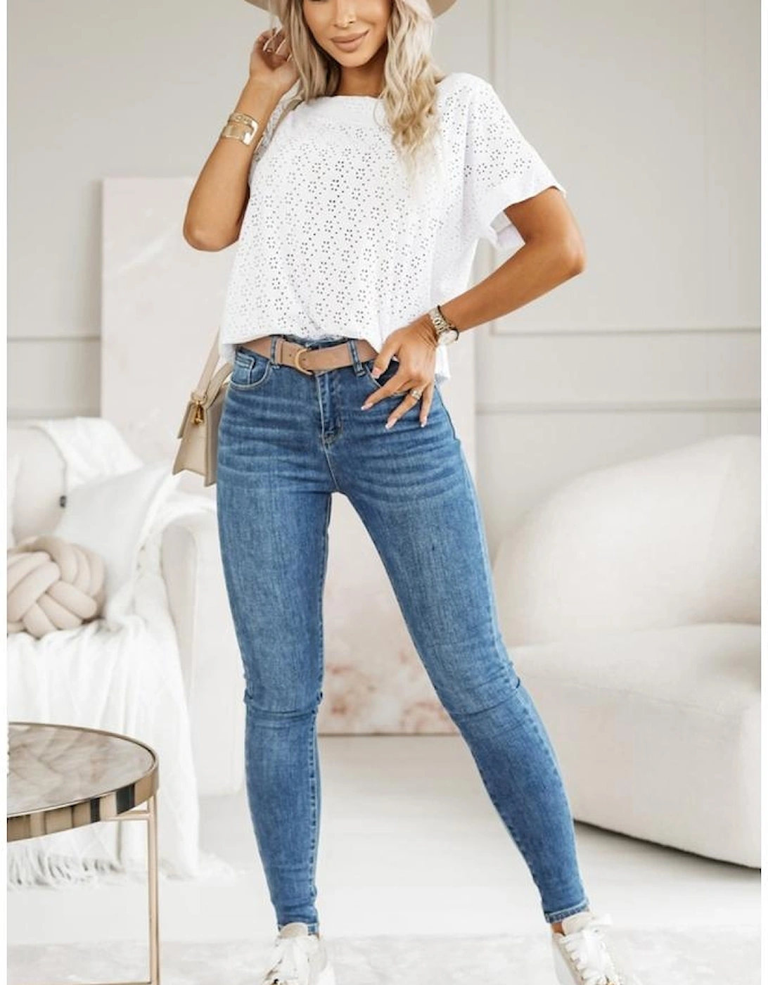 White Eyelet Pattern Boat Neck Casual Tee