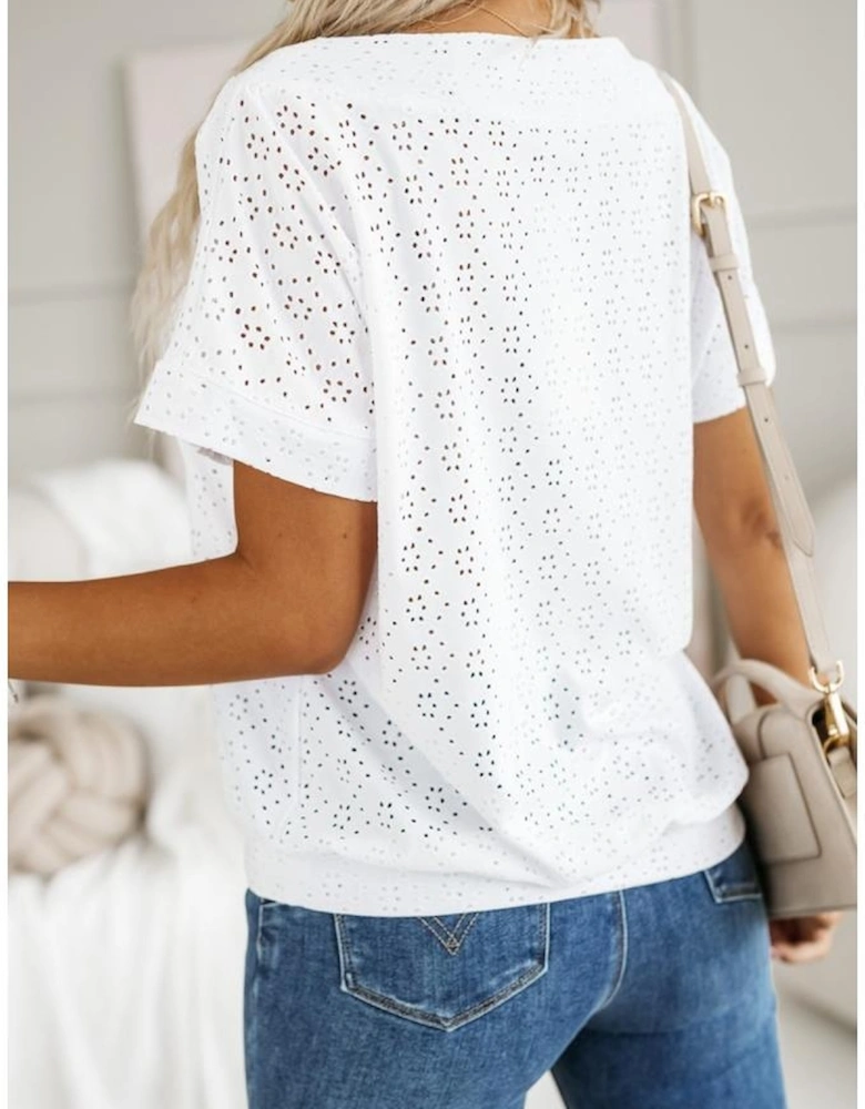 White Eyelet Pattern Boat Neck Casual Tee