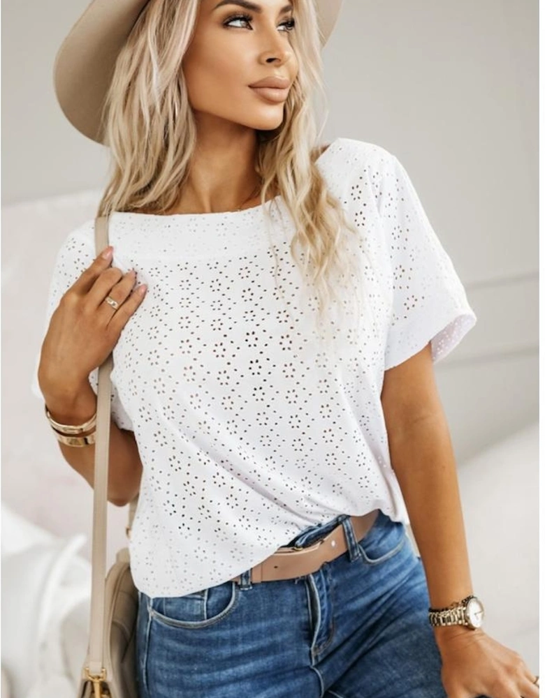 White Eyelet Pattern Boat Neck Casual Tee