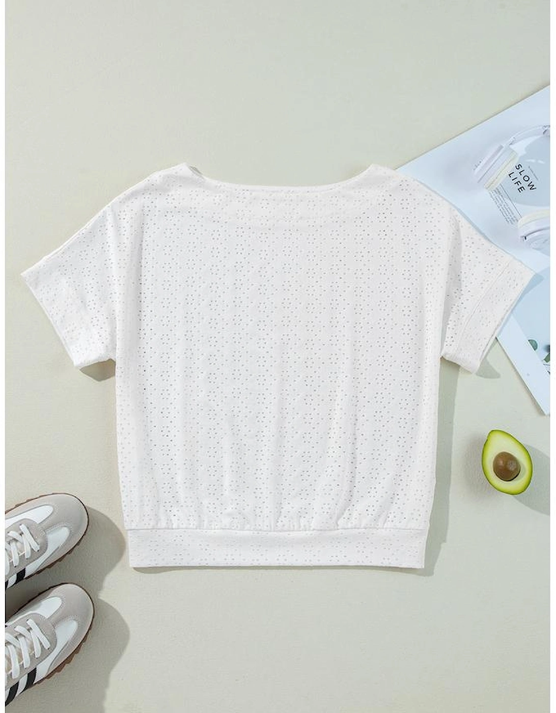 White Eyelet Pattern Boat Neck Casual Tee