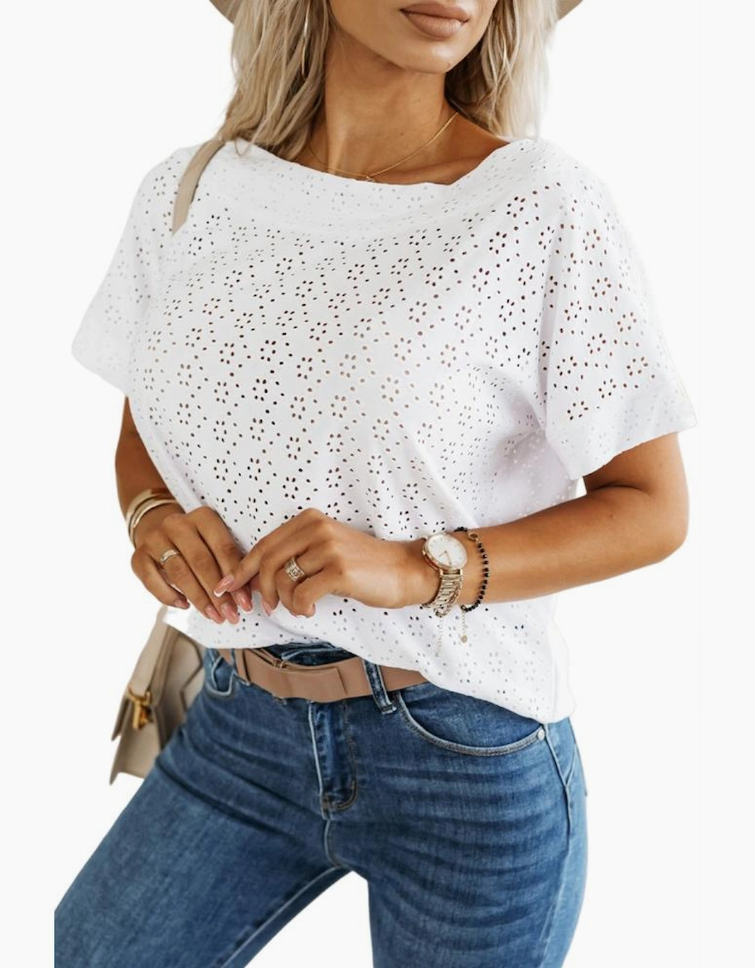 White Eyelet Pattern Boat Neck Casual Tee