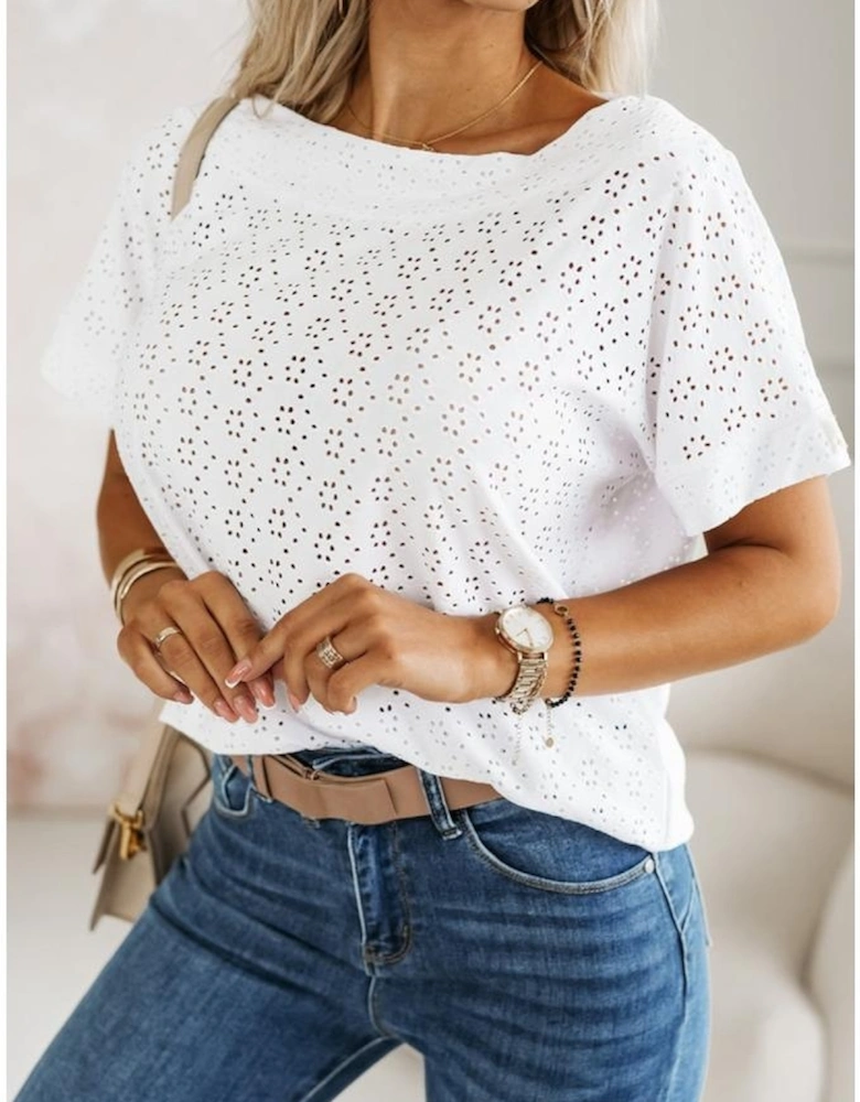 White Eyelet Pattern Boat Neck Casual Tee