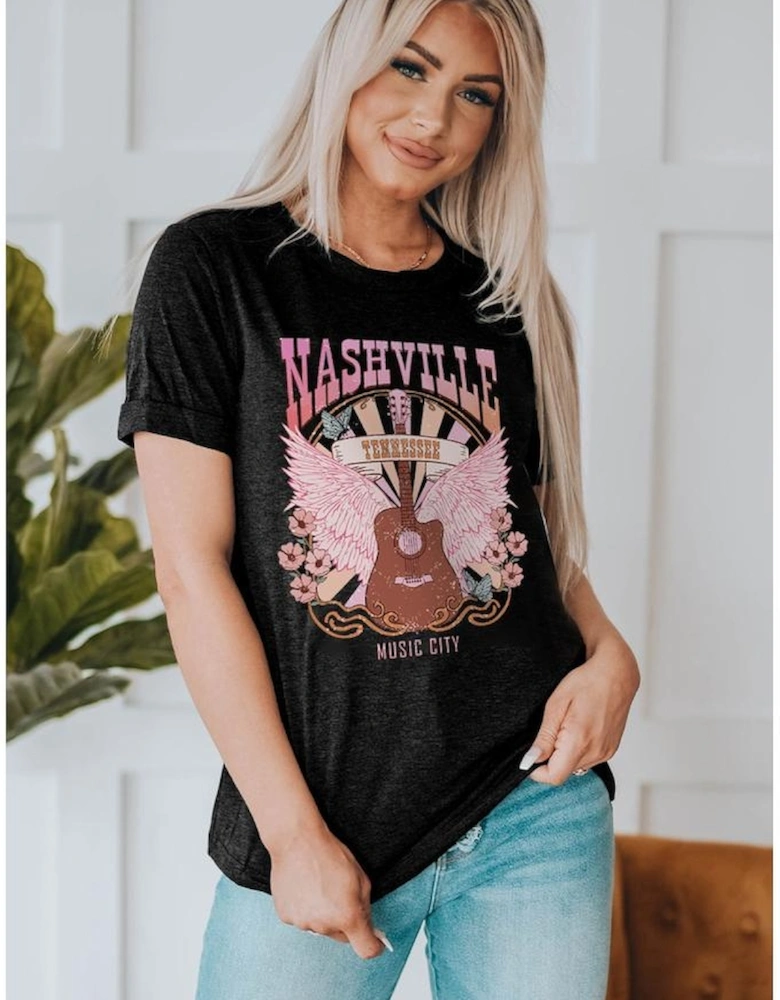 Black NASHVILLE Music City Graphic Print Short Sleeve Top