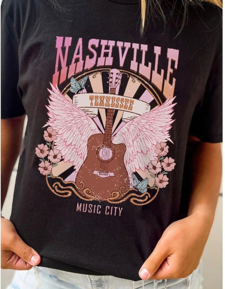 Black NASHVILLE Music City Graphic Print Short Sleeve Top