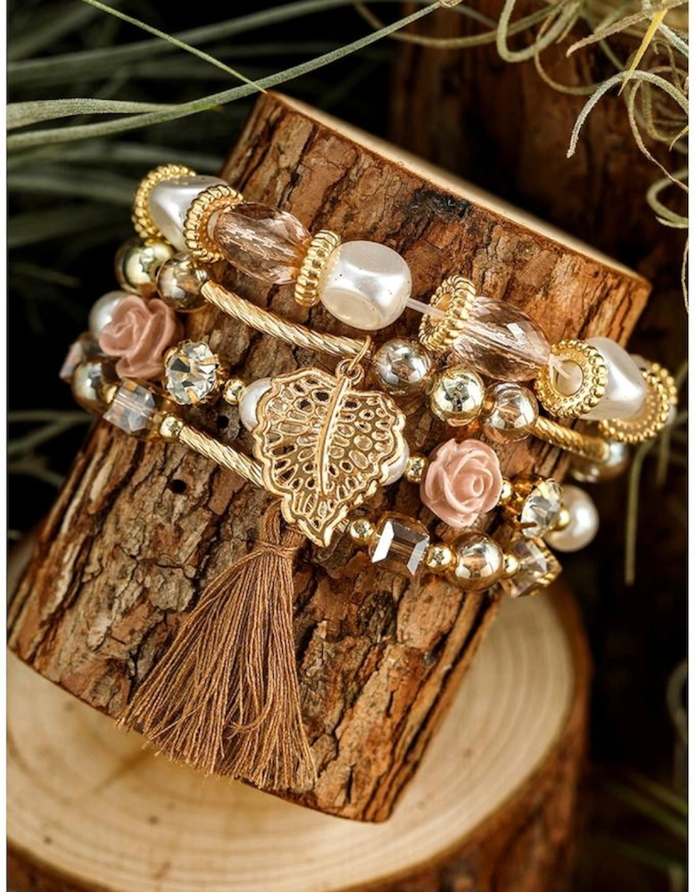 White Bohemian Rhinestone Beaded Fringed Layered Bracelet