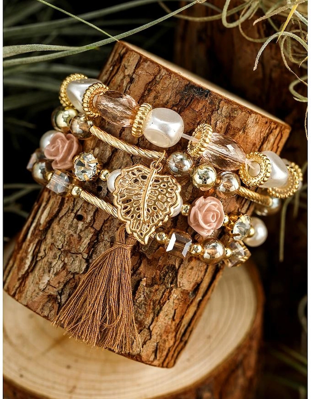 White Bohemian Rhinestone Beaded Fringed Layered Bracelet