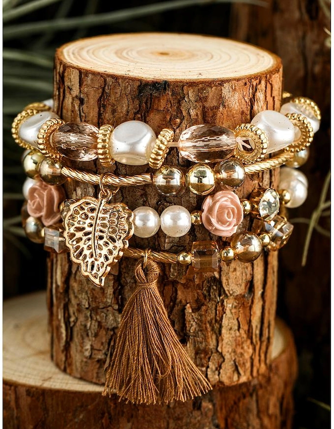 White Bohemian Rhinestone Beaded Fringed Layered Bracelet