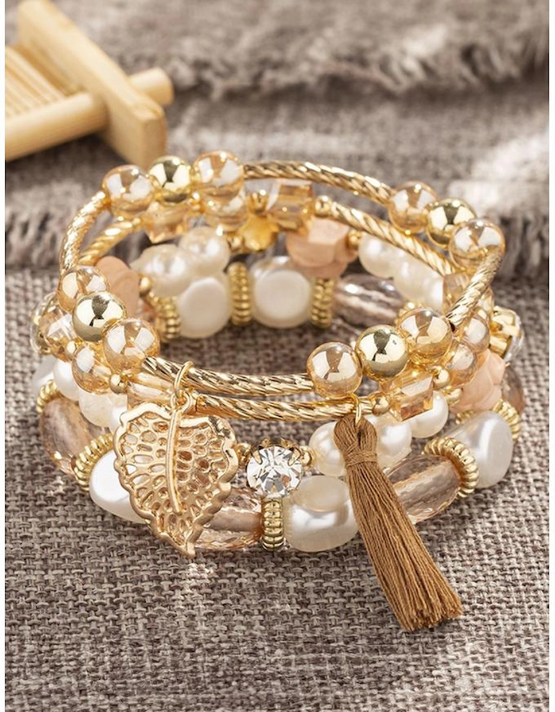 White Bohemian Rhinestone Beaded Fringed Layered Bracelet