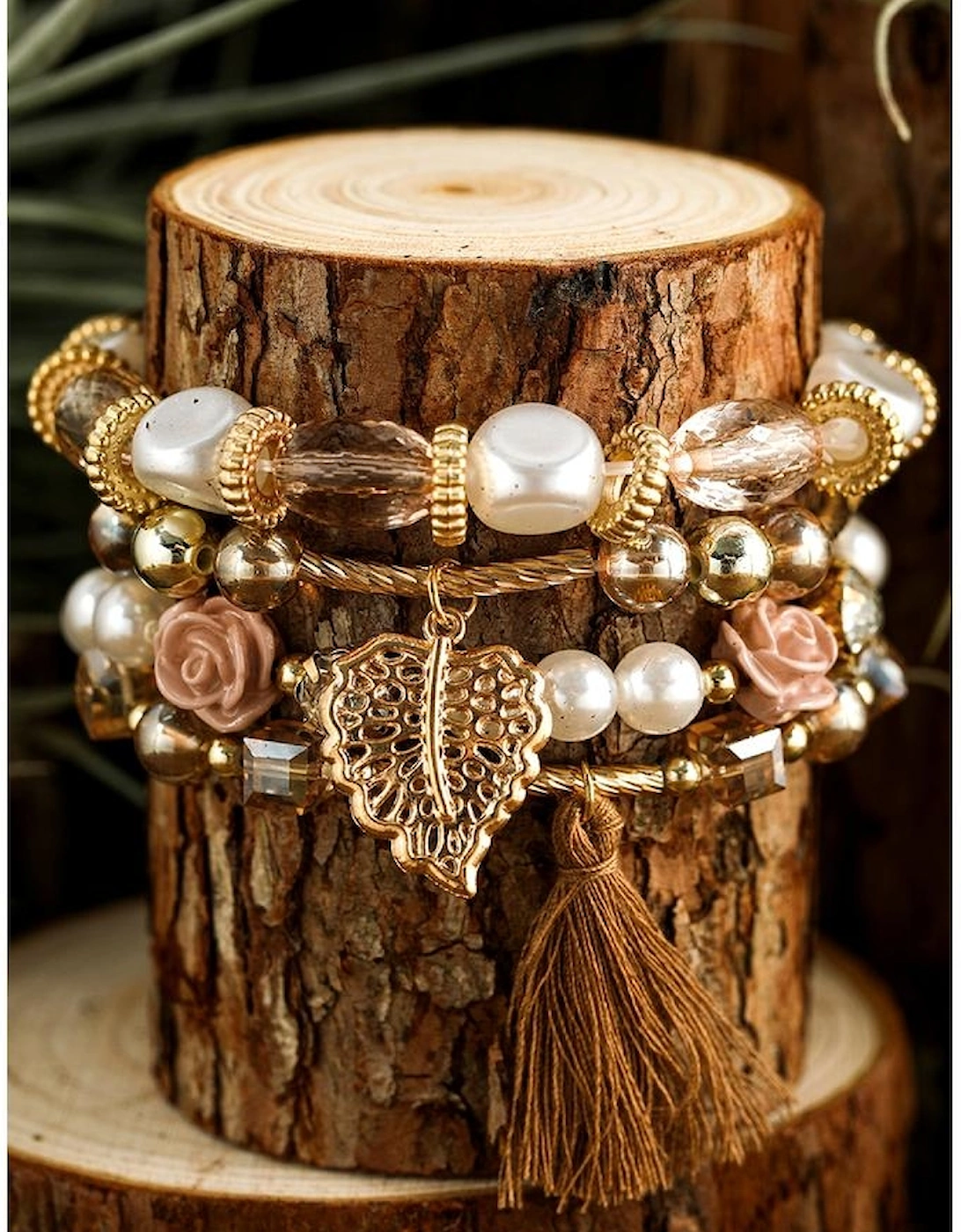 White Bohemian Rhinestone Beaded Fringed Layered Bracelet