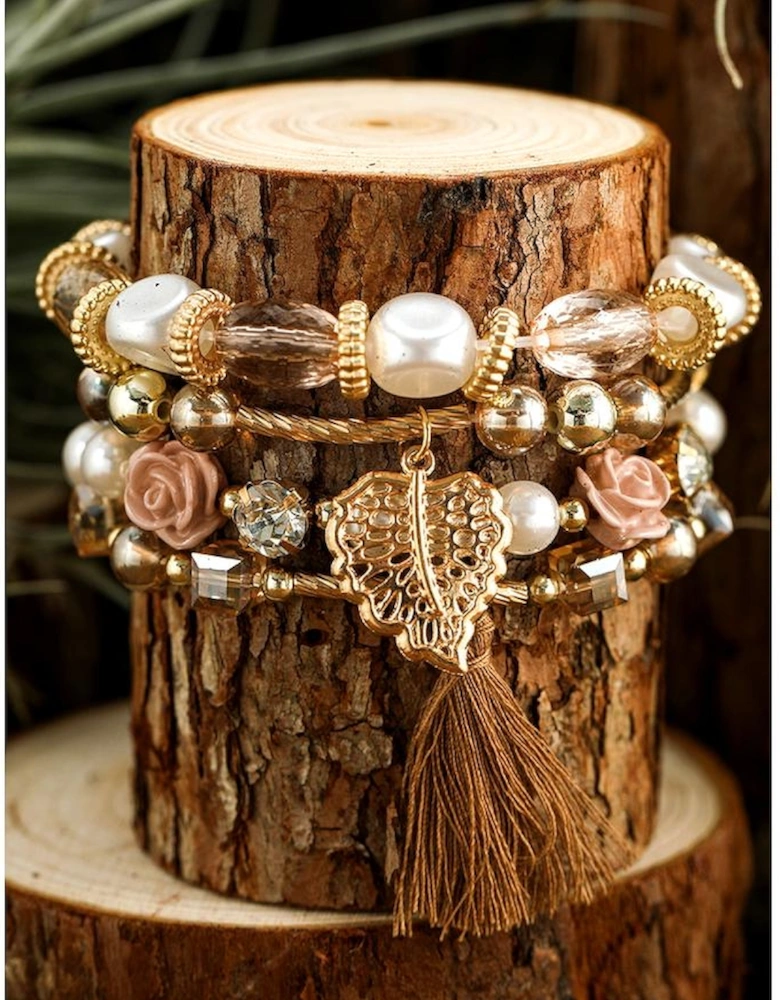 White Bohemian Rhinestone Beaded Fringed Layered Bracelet