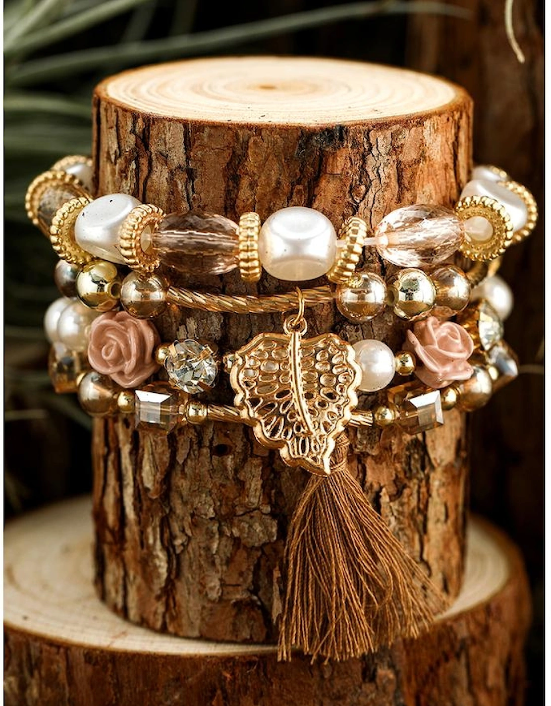 White Bohemian Rhinestone Beaded Fringed Layered Bracelet