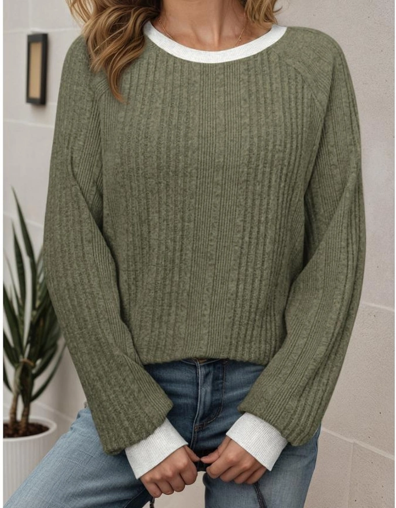 Moss Green Ribbed Contrast Cuffed Round Neck Long Sleeve T Shirt