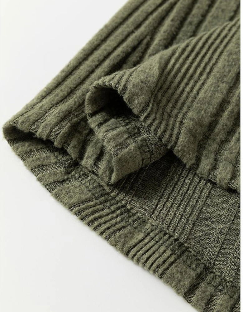 Moss Green Ribbed Contrast Cuffed Round Neck Long Sleeve T Shirt