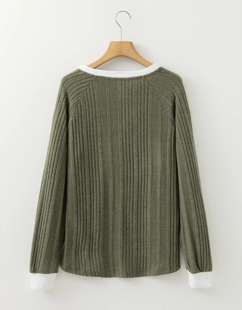 Moss Green Ribbed Contrast Cuffed Round Neck Long Sleeve T Shirt