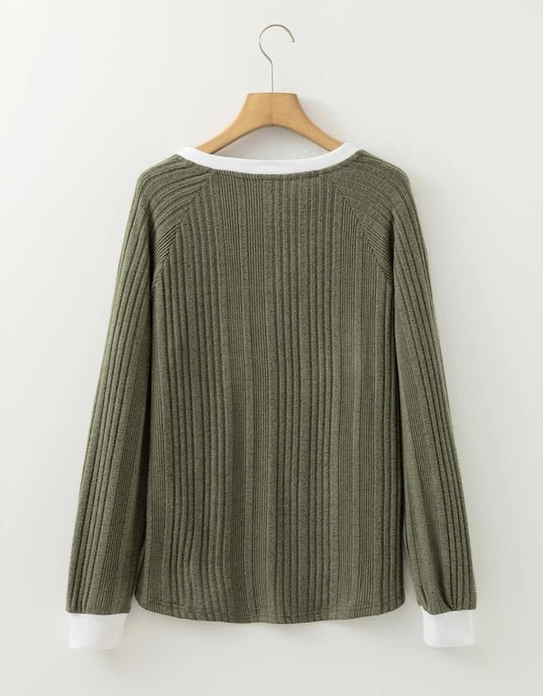Moss Green Ribbed Contrast Cuffed Round Neck Long Sleeve T Shirt