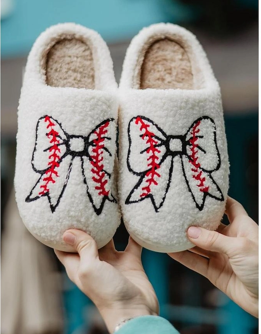White Bow Knot Rugby Pattern Plush Warm Slippers