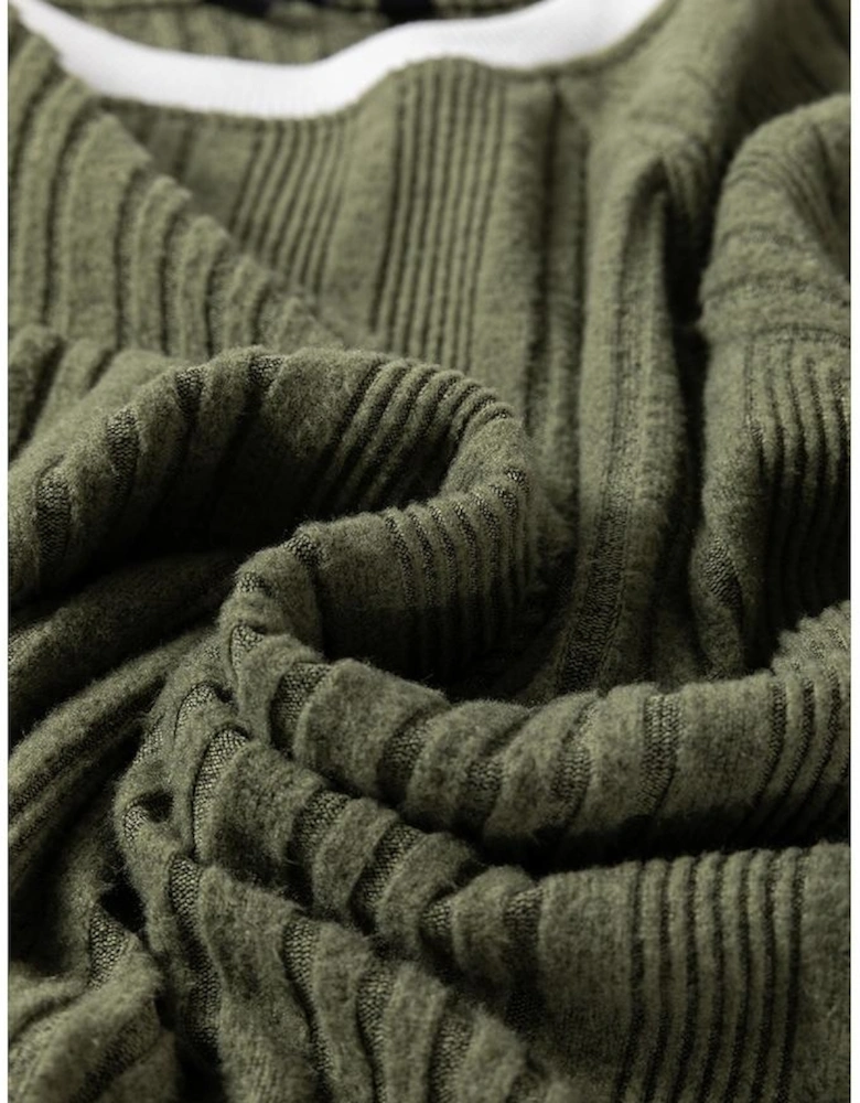 Moss Green Ribbed Contrast Cuffed Round Neck Long Sleeve T Shirt