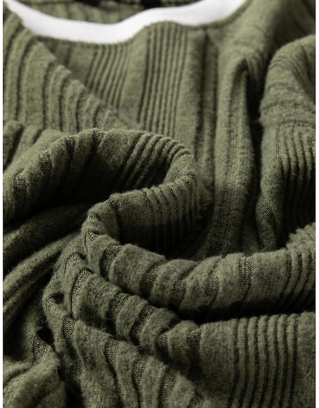 Moss Green Ribbed Contrast Cuffed Round Neck Long Sleeve T Shirt