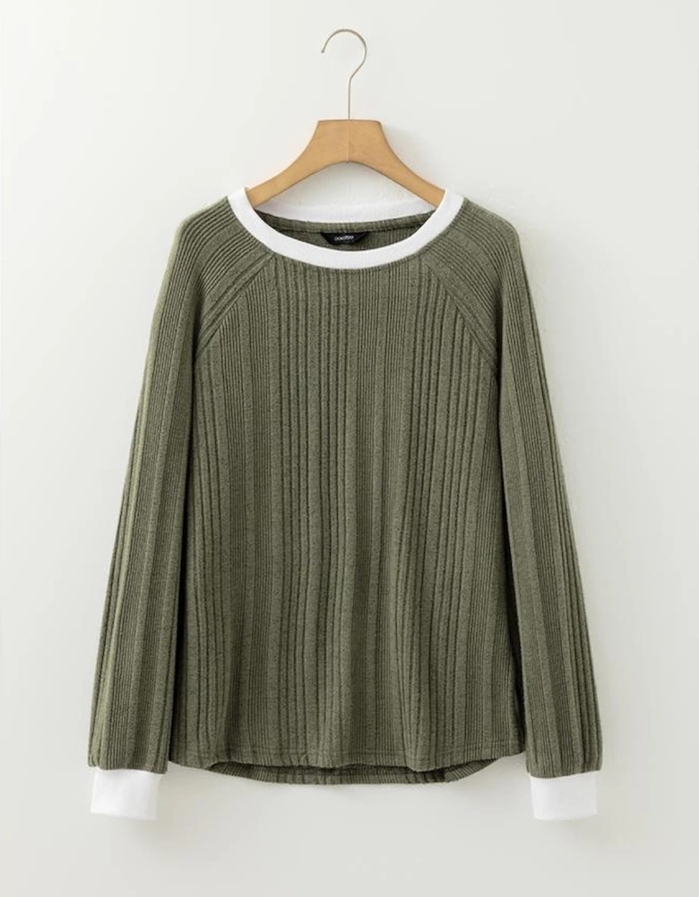 Moss Green Ribbed Contrast Cuffed Round Neck Long Sleeve T Shirt